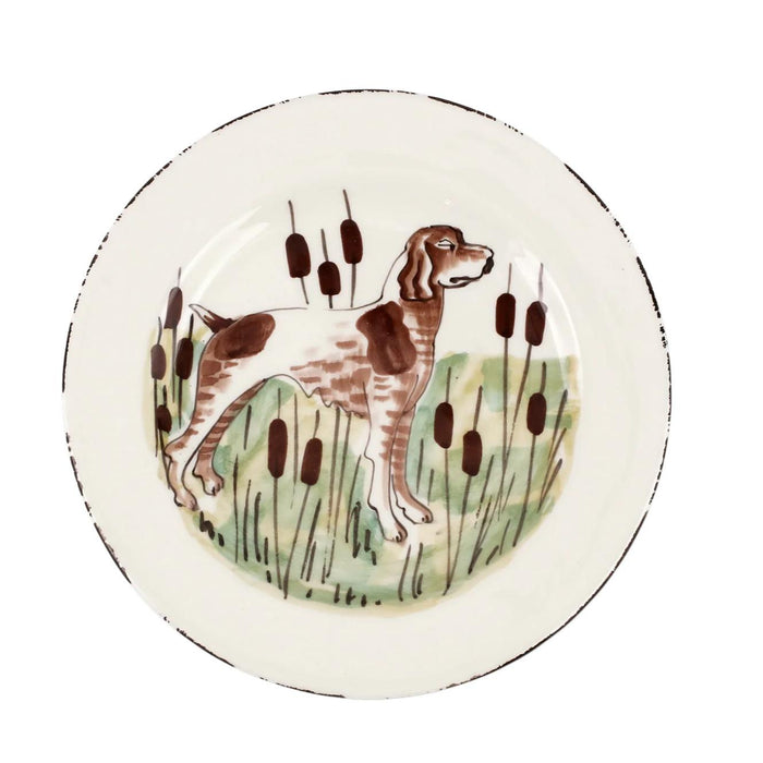 Vietri Wildlife 8.5-inch salad plate featuring a hand-painted hunting dog in a cattail marsh on cream ceramic.