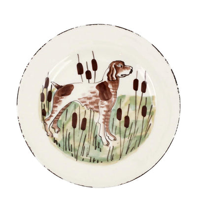 Vietri Wildlife 8.5-inch salad plate featuring a hand-painted hunting dog in a cattail marsh on cream ceramic.