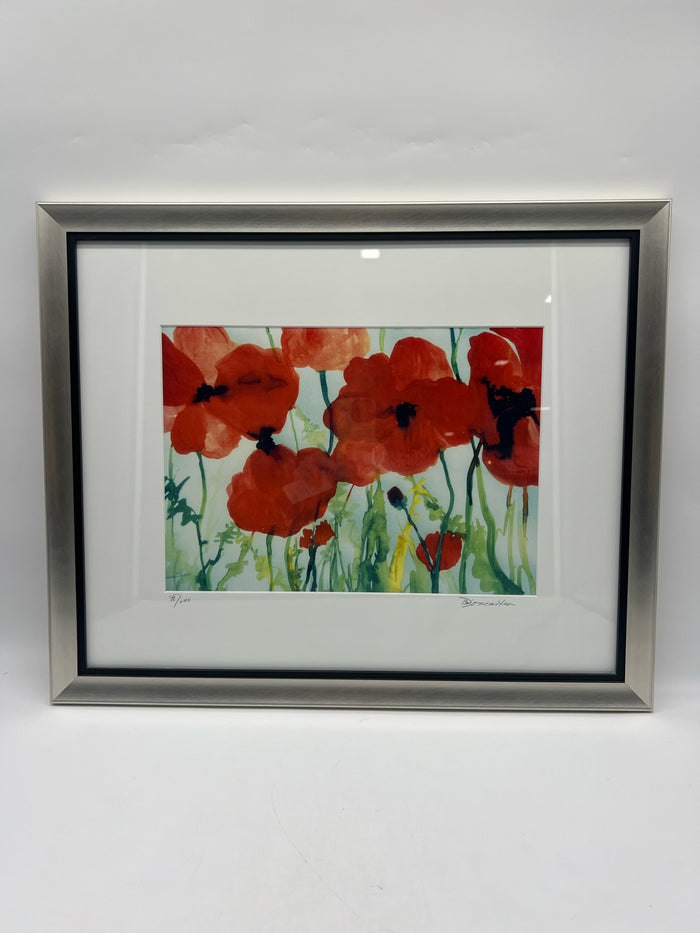 WATER COLOR RED POPPIES SIGNED GOLD FRAME