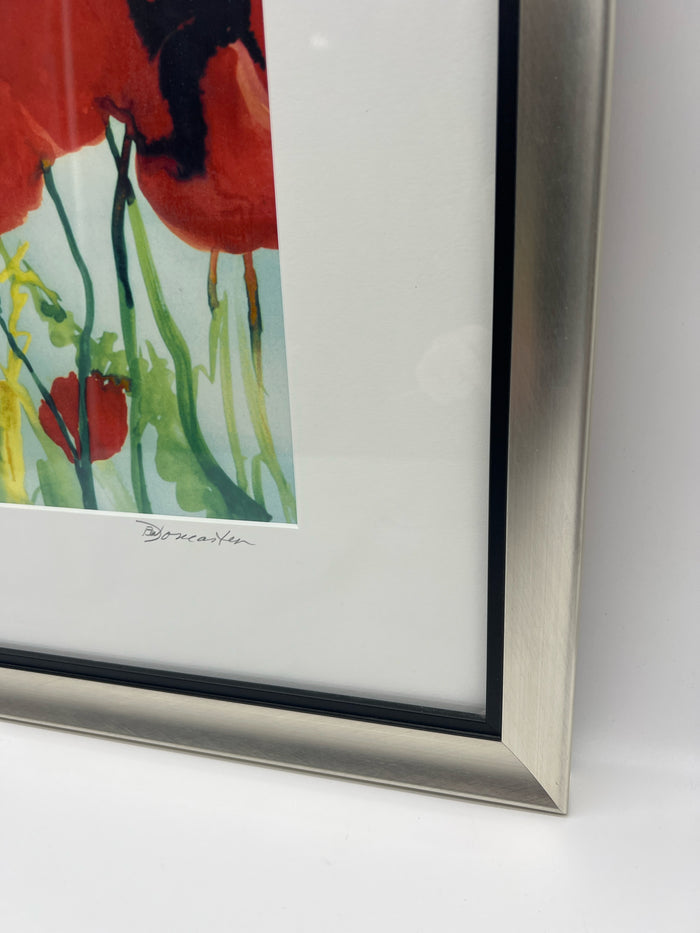 WATER COLOR RED POPPIES SIGNED GOLD FRAME