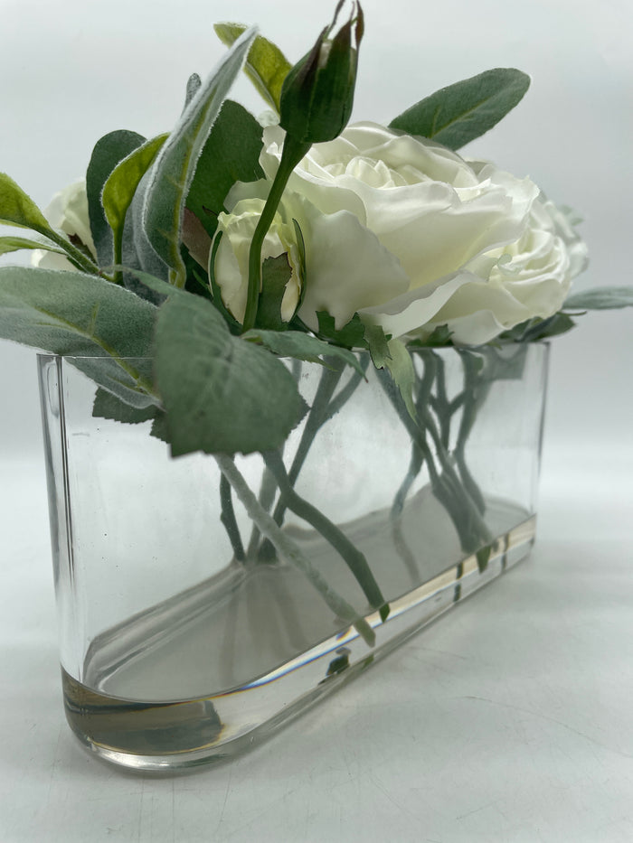 WHITE ROSES  IN OVAL GLASS VESSEL