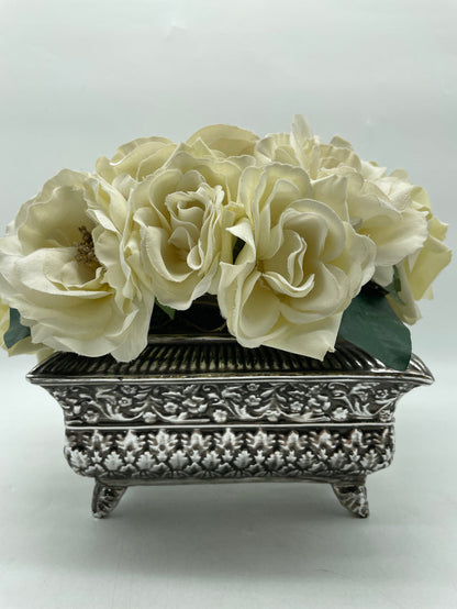 WHITE ROSES IN SILVER VESSEL