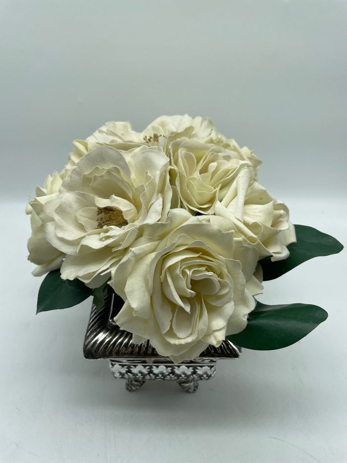WHITE ROSES IN SILVER VESSEL