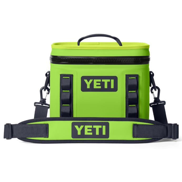 YETI Hopper Flip 8 soft cooler in high-visibility lime green with a durable waterproof shell and black shoulder strap.