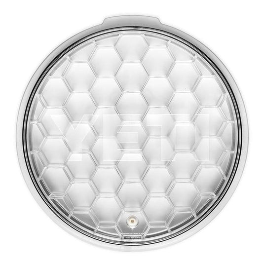 Transparent YETI LoadOut bucket lid featuring a durable, reinforced HeftHex honeycomb design for extreme pressure resistance.