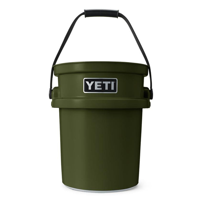 Olive green YETI LoadOut 5-gallon bucket made of heavy-duty polyethylene with a black handle and white logo.