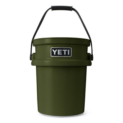 Olive green YETI LoadOut 5-gallon bucket made of heavy-duty polyethylene with a black handle and white logo.