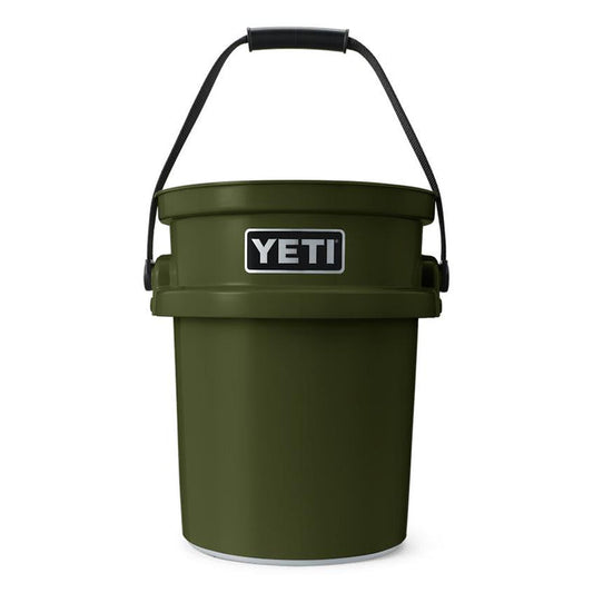 Olive green YETI LoadOut 5-gallon bucket made of heavy-duty polyethylene with a black handle and white logo.
