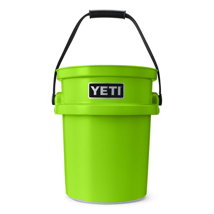 Bright lime green YETI LoadOut 5-gallon utility bucket with a durable black handle and white logo badge.