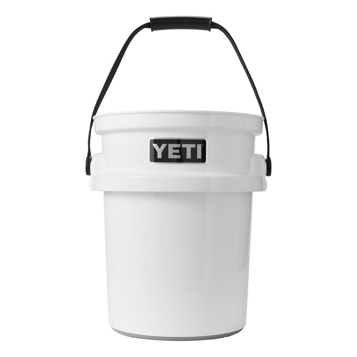 White YETI LoadOut 5-gallon bucket made of durable polyethylene with a black handle and logo on a white background.