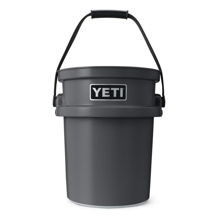 Charcoal grey YETI LoadOut 5-gallon bucket made of durable high-density polyethylene with a sturdy black carry handle.