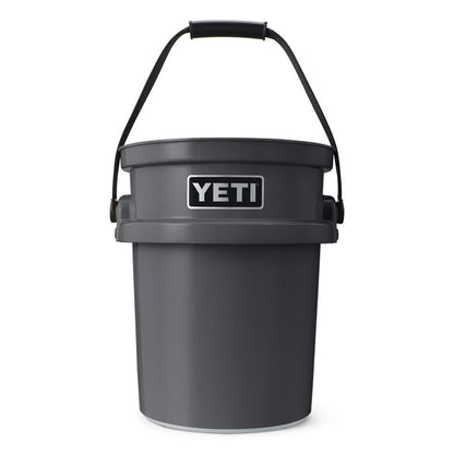 Charcoal grey YETI LoadOut 5-gallon bucket made of durable high-density polyethylene with a sturdy black carry handle.