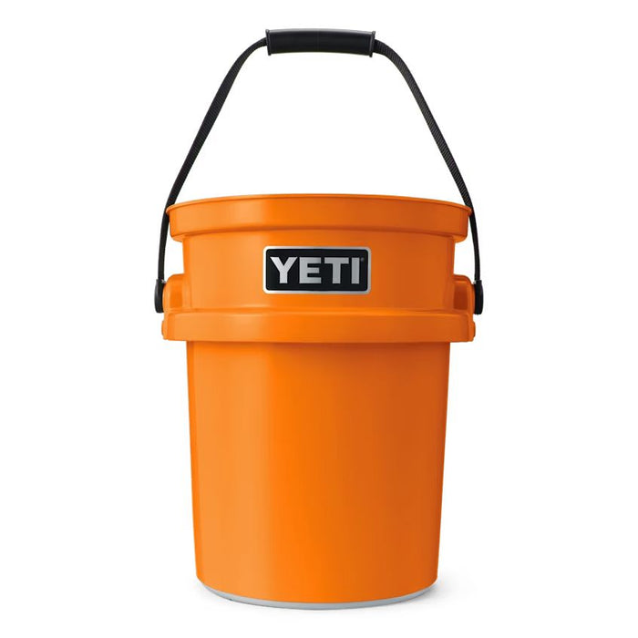 Bright orange YETI LoadOut 5-gallon bucket with a durable polyethylene build and sturdy black carry handle.