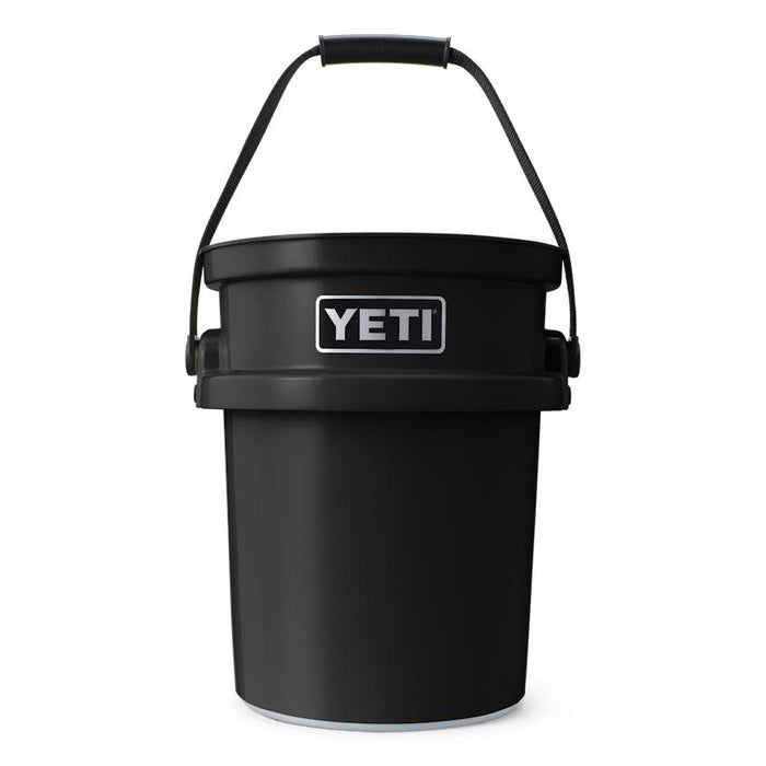 Black YETI LoadOut 5-gallon bucket made of durable, high-density polyethylene with a sturdy handle and logo.