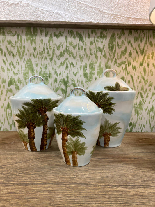 Z GALLERIE SET OF 3 GRADUATED CANISTERS HAND PAINTED PALM DESIGN