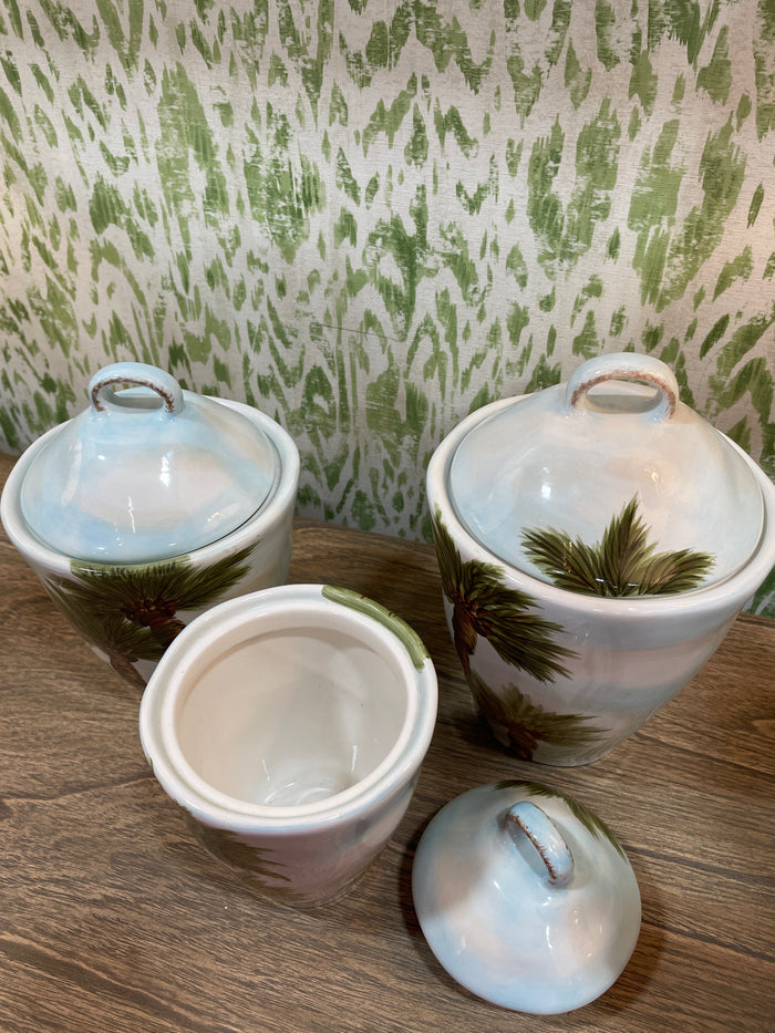 Z GALLERIE SET OF 3 GRADUATED CANISTERS HAND PAINTED PALM DESIGN