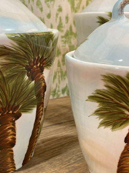 Z GALLERIE SET OF 3 GRADUATED CANISTERS HAND PAINTED PALM DESIGN